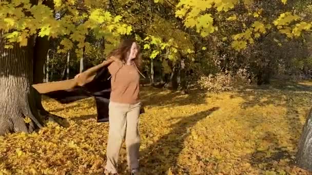 Woman Coat Dances Spins Arms Outstretched Sunny Autumn Forest — Stock Video