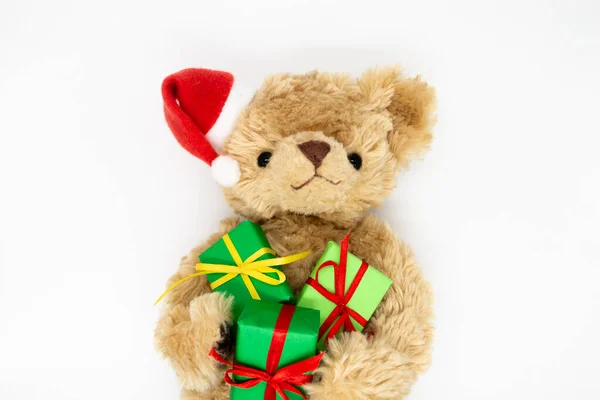 Een Knuffelspeeltje Teddy Beer Een Rode Kerstman Hoed Met Een — Stockfoto