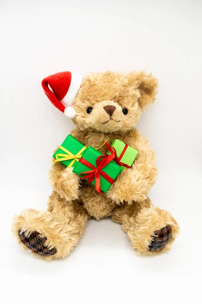 Вертикальное Фото Плюшевым Игрушечным Мишкой Тедди Красной Шляпе Санта Клауса — стоковое фото