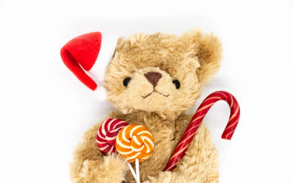 Ein Stofftier Teddybär Mit Roter Nikolausmütze Auf Einem Ohr Der — Stockfoto