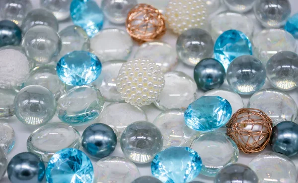 Beautiful Background Transparent Light Blue Glass Beads Crystals White Pearls — Stock Photo, Image