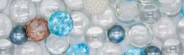 Banner Beautiful Background Transparent Blue Glass Beads Crystals White Pearls — Stock Photo, Image
