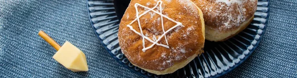 Happy Hanukkah Banner Traditional Treat Doughnuts David Star Dreidel Made — Stock Photo, Image