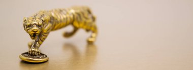 Bronz kaplan figürlü ve bozuk paralı bir kaplan. 2022 Çin Yeni Yılı 'nın sembolü. Altın arka planda, kopyalama uzayı. İyi şanslar, maddi refah ve zenginlik dilekleri..