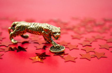 A bronze figure of a tiger with a coin - the symbol of the Chinese new year 2022 on a background of red stars, a copy space.