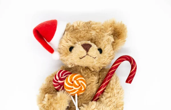 Stuffed Toy Teddy Bear Red Santa Claus Hat Pompom One — Stockfoto