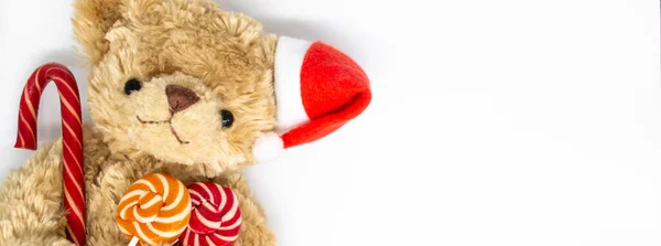 Bunner Mit Stofftier Teddybär Mit Roter Nikolausmütze Auf Einem Ohr — Stockfoto