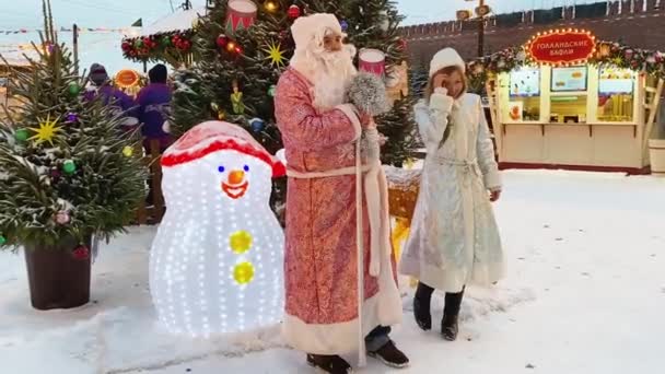 Moscow Russia December 2021 Young Man Takes Selfie Santa Claus — Stock Video