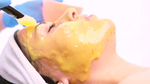 Close up video of a woman face receiving cosmetic procedure, beautician applies a alginate facial mask to the face with a brush to her patient woman. — Stock Video