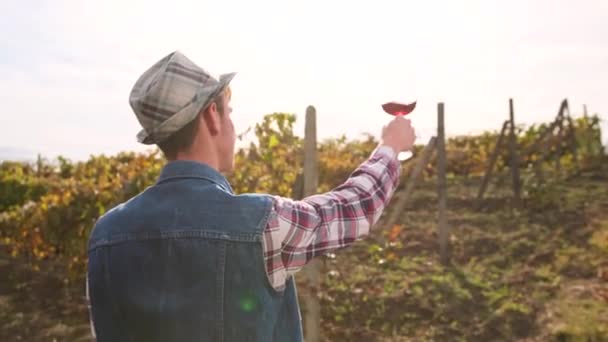 Joven granjero sosteniendo en su mano una copa de vino tinto lo sacude un poco a la luz del sol, degustando al aire libre concepto de vino. — Vídeos de Stock