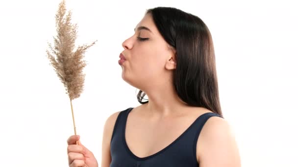 Boční pohled video mladé ženy brunetky drží v ruce načechrané rákosí větev a fouká na to a usmívá. — Stock video