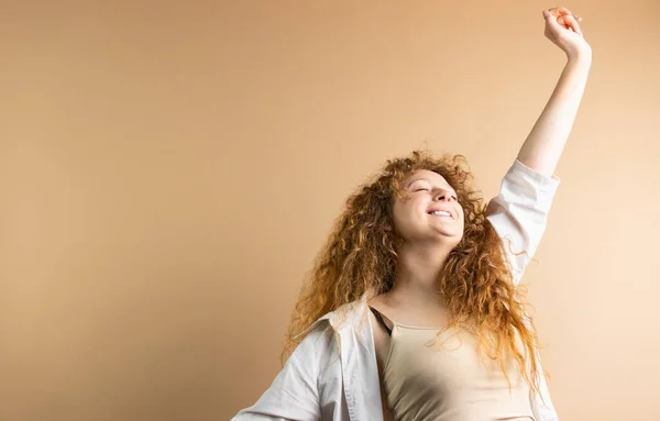 Young Emotional Lady Red Hair Closed Eyes Stretching Her Body — Fotografia de Stock