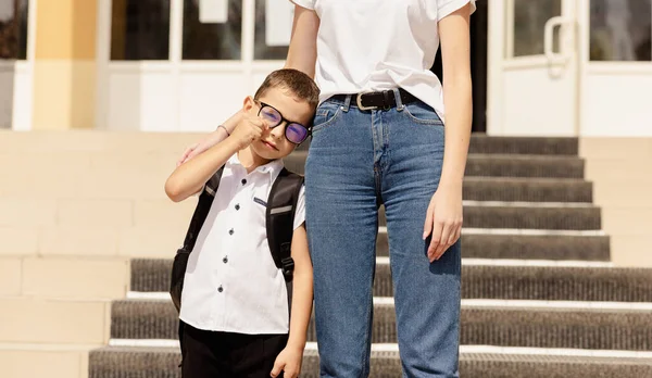 Mother Her Son Front School First Day School Concept High — Stockfoto