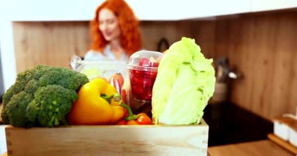 Big Basket Colorful Vegetables Comes Beautiful Young Lady Orange Hair — Stock video