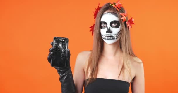 Koncepcja Piękny Makijaż Halloween Portret Młodej Seksownej Dziewczyny Makijażem Czaszki — Wideo stockowe