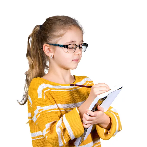 Girl Glasses Writes Something Notebook Isolated White — Stock Photo, Image
