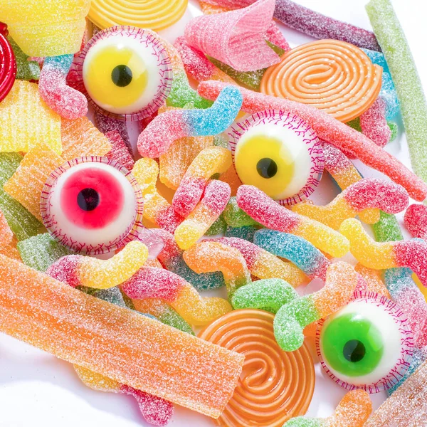 gummy jelly candies close-up. colorful candy background. top view.