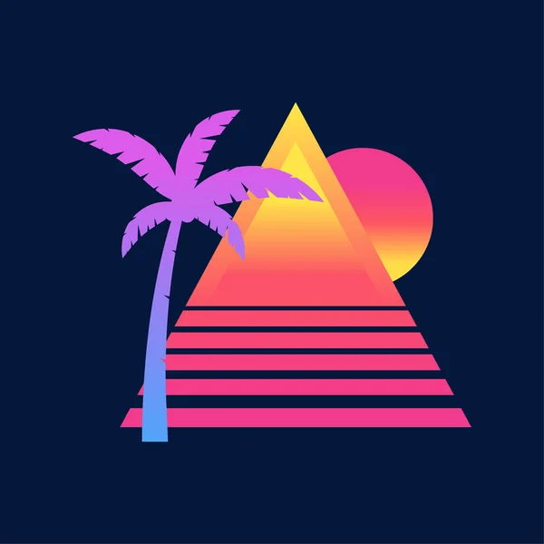Sonnenuntergang Strand Sommer Ozean Palme Geometrische Pyramide Retro Vintage Gradient — Stockvektor