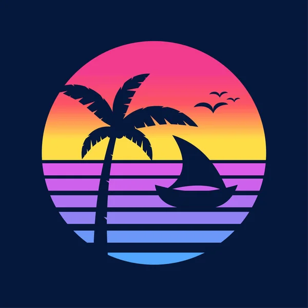 Sunset Beach Summer Ocean Palm Tree Boat Retro Vintage Gradient — Stockový vektor