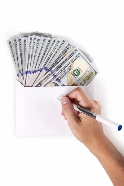 Hand envelope money pen — Stock Photo, Image