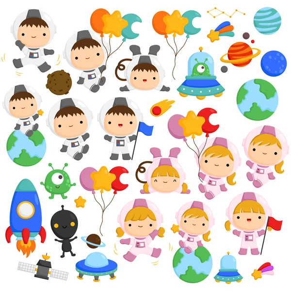 Vector Niños Astronautas Lindos Simples Espacio — Vector de stock