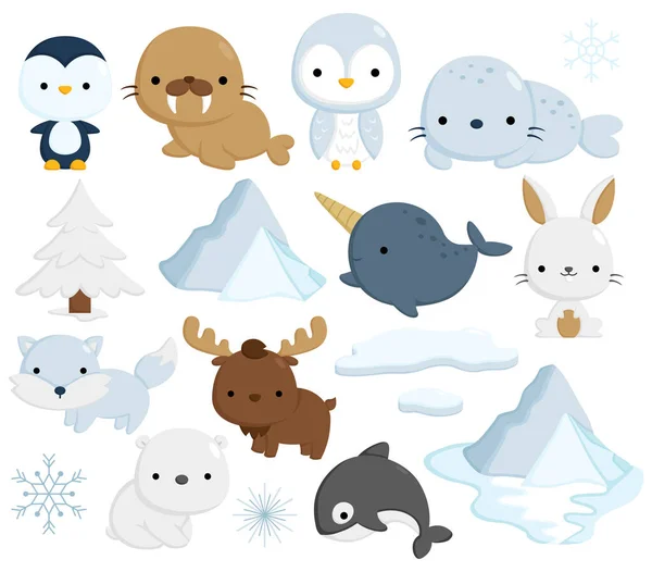 Vector Set Cute Simple Arctic Animals — Stock Vector