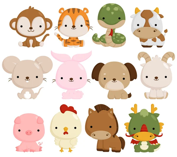 Conjunto Vetores Animais Zodiacais Chineses Bonitos Simples —  Vetores de Stock