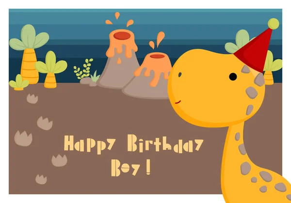 Şirin Basit Uzun Boyun Dinozorunun Doğum Gününü Kutlayan Vektörü — Stok Vektör