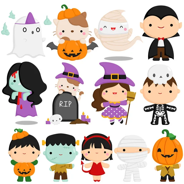 Vector Set Cute Simple Halloween Character — Stock Vector