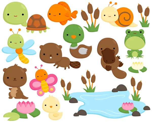 Vector Set Cute Simple Pond Animals — Stock Vector