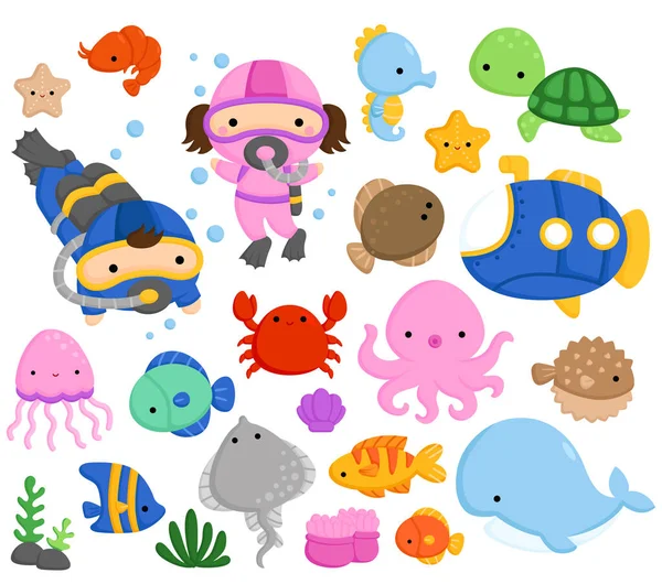 Vector Set Cute Simple Sea Animals — Stock Vector