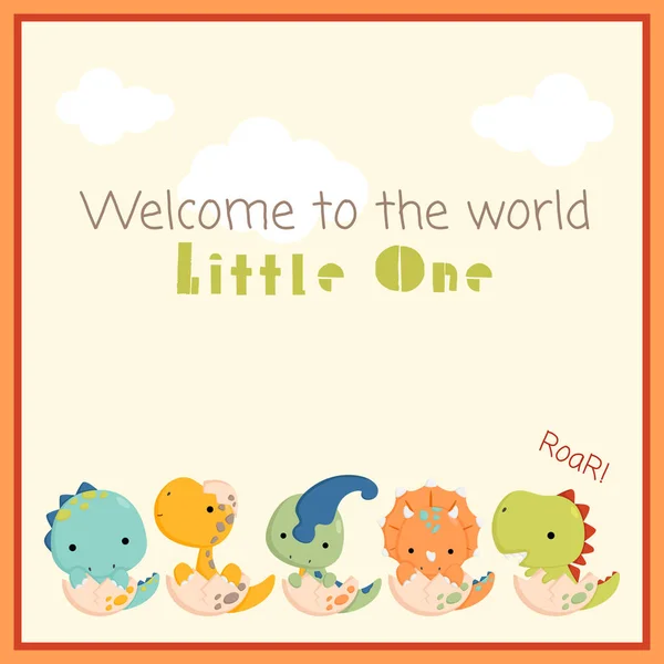 Vector Cute Simple Dinosaur Card Welcoming Arrival Baby — Stock Vector