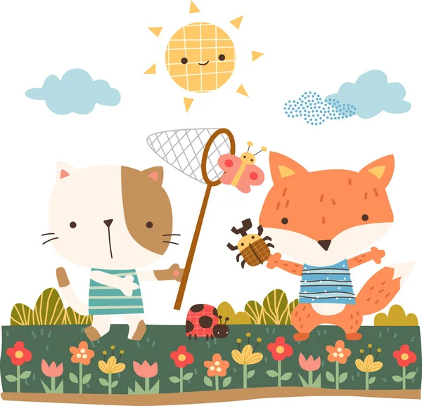 Spring Themed Colourful Animals Playing — Vetor de Stock