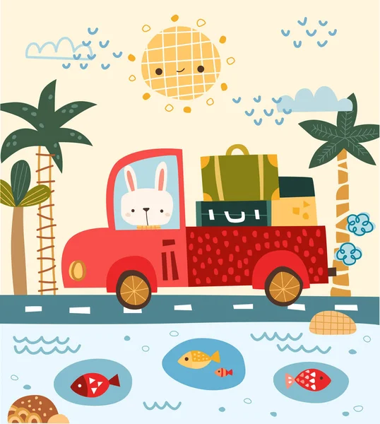 Cute Bunny Travelling Truck — Stock Vector