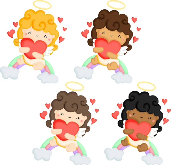 Vector Cute Cupid Angel Multiple Skin Colors Hugging Heart — Stock Vector