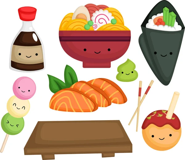 Vecteur Nombreux Types Aliments Japonais — Image vectorielle