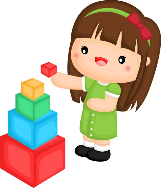 Vector Cute Girl Stacking Colourful Blocks — Stock Vector