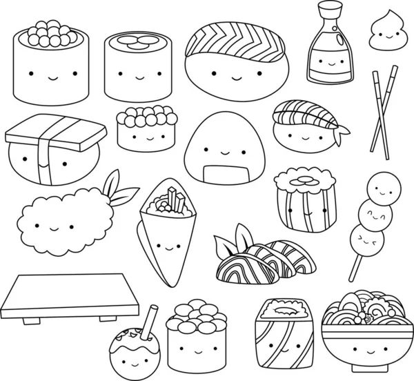 Vector Many Types Sushi Japanese Food Black White — Stock Vector
