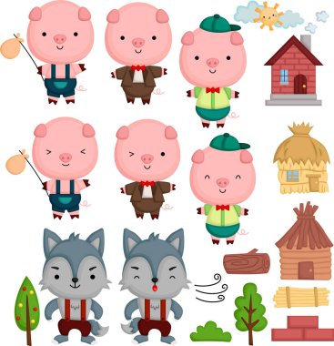 a cute vector of characters in three little pigs story