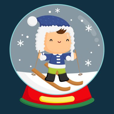 Kar küresi içinde kayak yapan sevimli bir çocuğun vektörü.