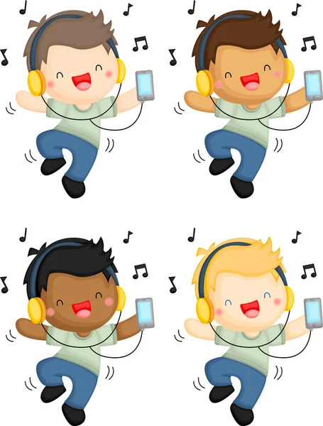 Vector Boy Listening Music While Dancing — Stockvector