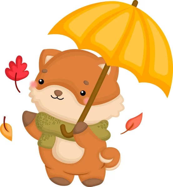 Sonbahar Mevsiminde Şemsiye Tutan Bir Köpeğin Vektörü — Stok Vektör