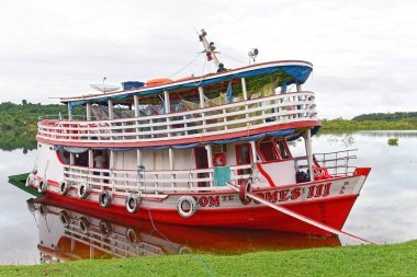 31 Mayıs 2019 'da Brezilya' nın Manaus kentindeki Cuieiras Nehri 'nin kıyısında hamaklarla donatılmış kırmızı turist teknesi.
