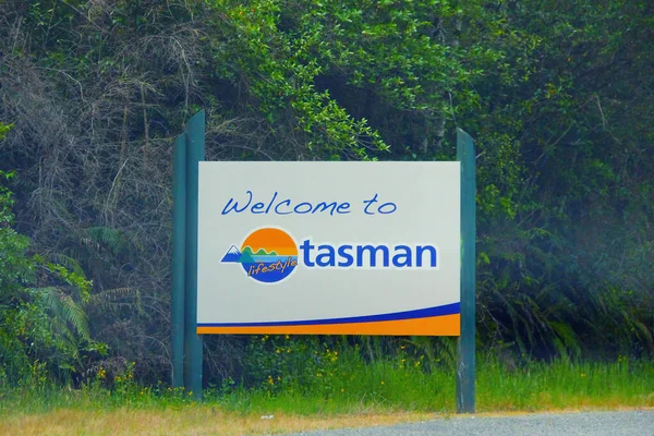 Välkommen Till Tasman Sign Board Taget Tasman Nya Zeeland Den — Stockfoto