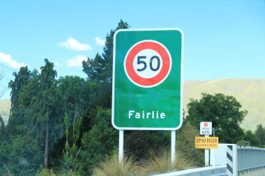 A signboard of Fairlie, New Zealand. Fairlie is a Mackenzie District service town located in the Canterbury region of the South Island of New Zealand. clipart