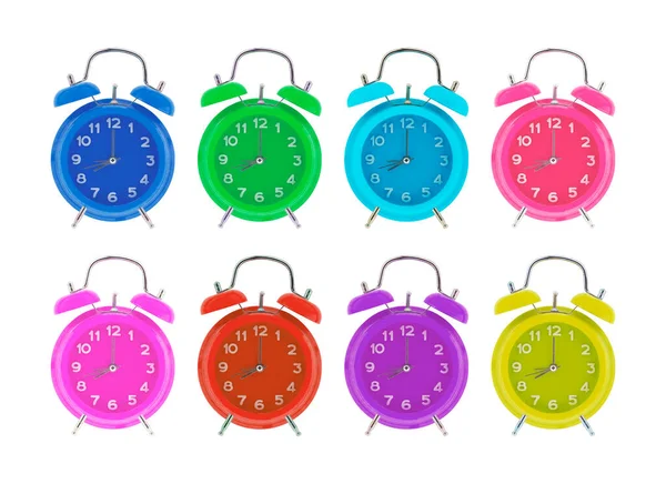 Colorful Alarm Clocks Showing Clock Isolated White — Stock Photo, Image