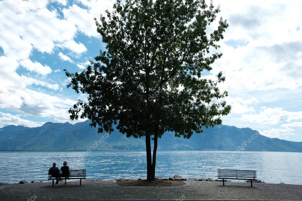 Leisure time on the shore of the Leman (Geneva ) Lake in Montreux, Switzerland.