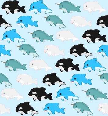 Çocuksu karikatür şekilli su memelisi deseni, beluga, yunus, katil balina, deniz gergedanı.