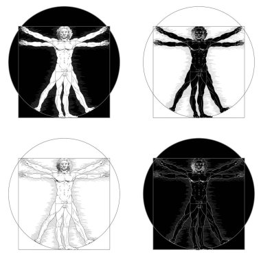 Vitruvian Man 'in Vektör Tasarımı Orijinal eseri Leonardo da Vinci Siyah beyaz