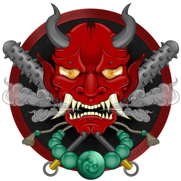 Hannya Maskenvektordesign Japanischer Oni Demon Mit Kanabo Und Tomoensymbol — Stockvektor